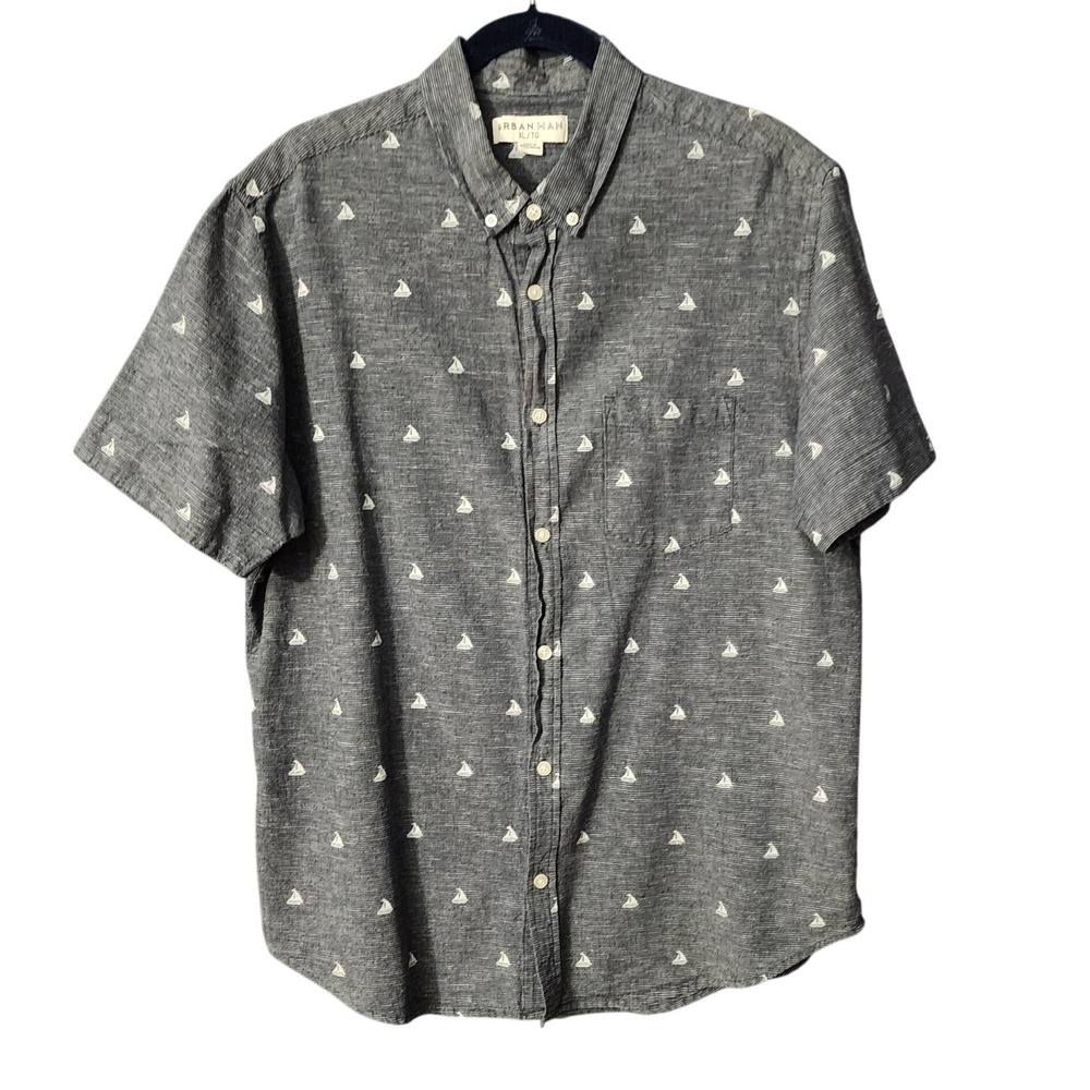 Urban Man Mens Nautical Blue Button Down Shirt Sailboat Print Linen Blend XL